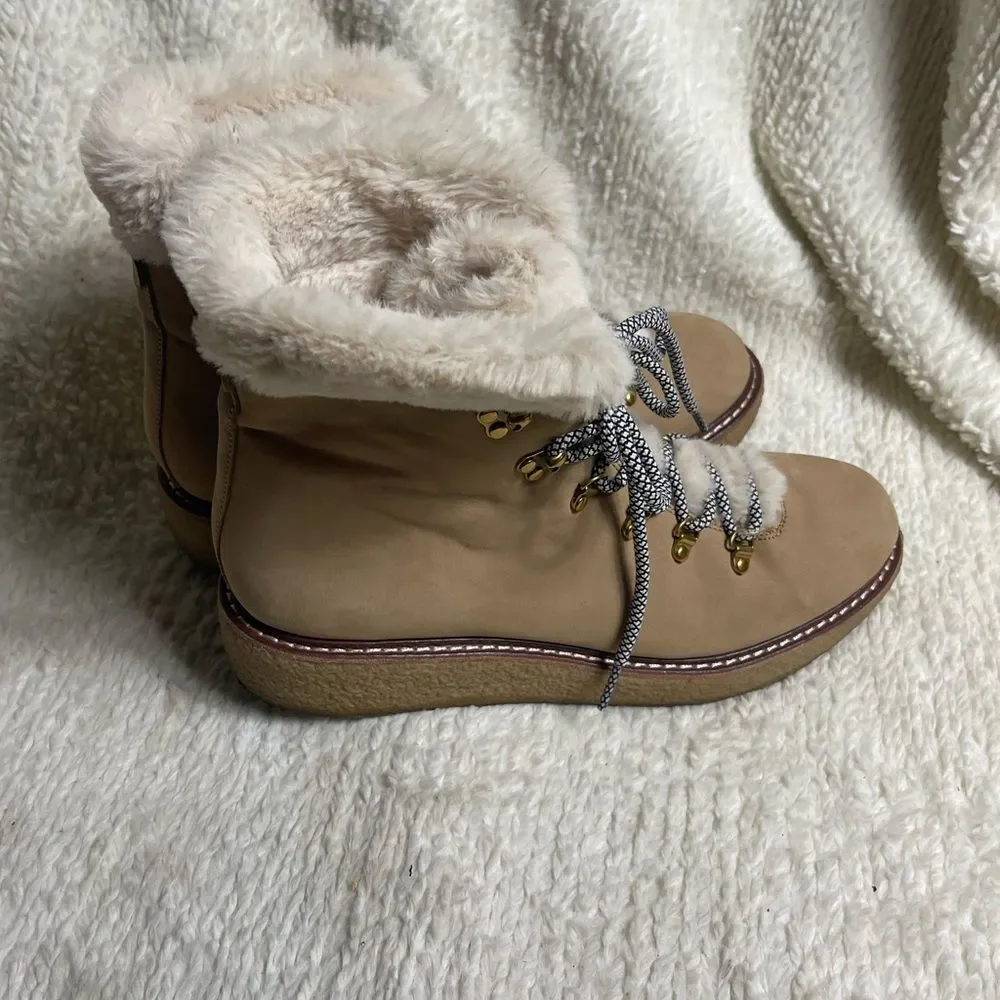 J Crew Wedged Synthetic Nubuck Khaki lace up boots Faux fur lining SZ10